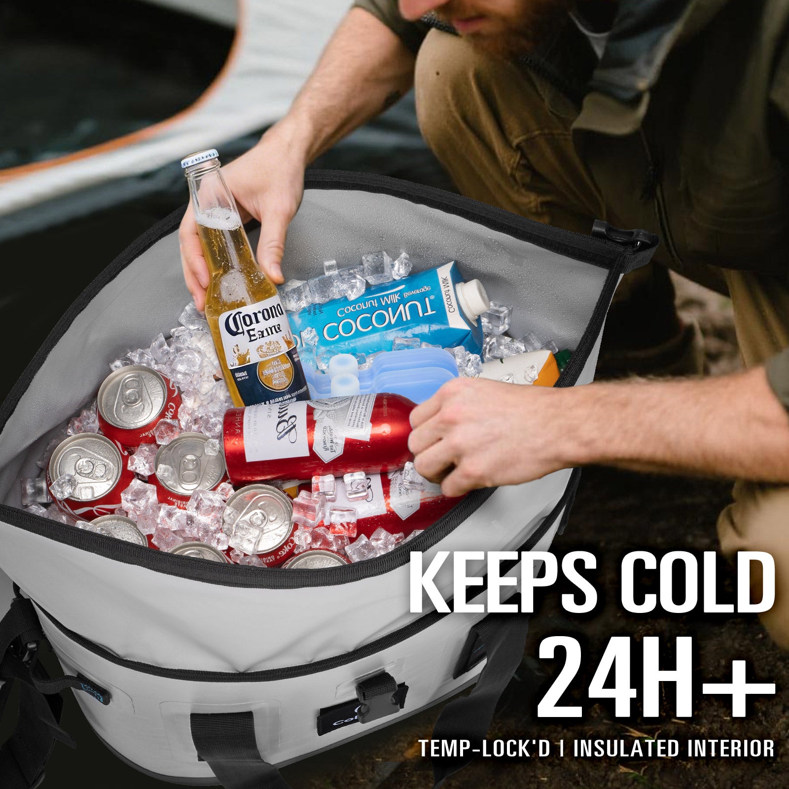Soft Cooler Bag, Roll-Top Leak-Proof TPU, 5 Freezer Packs, Camping