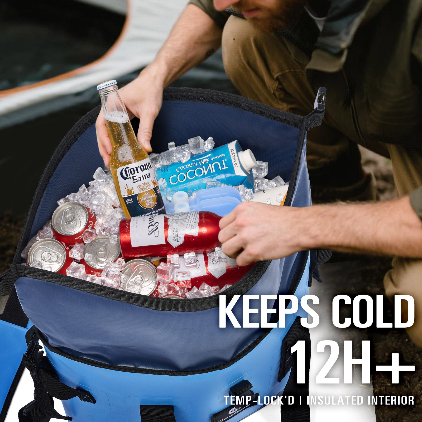 Soft Cooler Bag, Roll-Top Leak-Proof TPU, 5 Freezer Packs, Camping