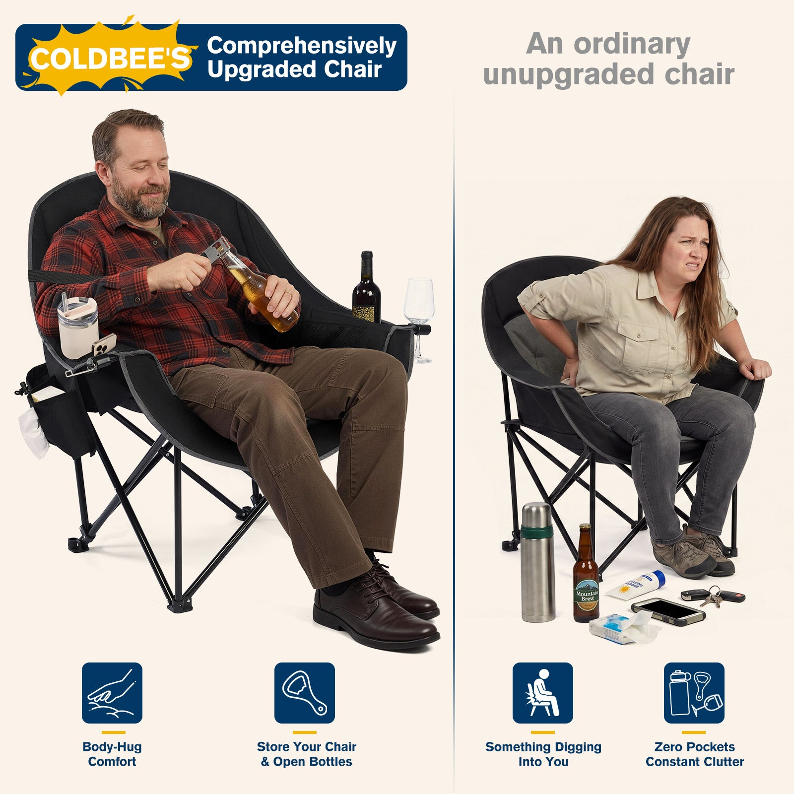 Oversized Camping Chairs, Heavy Duty Padded, Thick Headrest